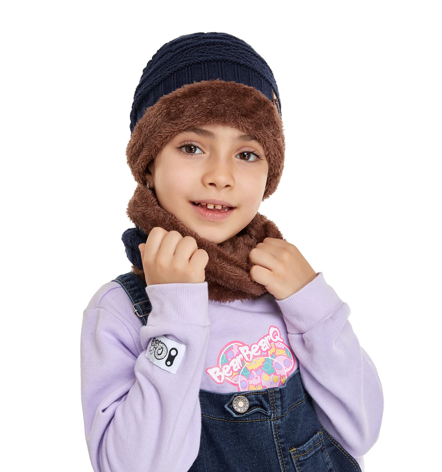 Bequemer Laden Enfants Hiver Chaud Ensemble Bonnet Echarpe Tricot Chapeau avec Doublure Polaire pour 3-8 Ans Garcon Fille Cadeaux Noel