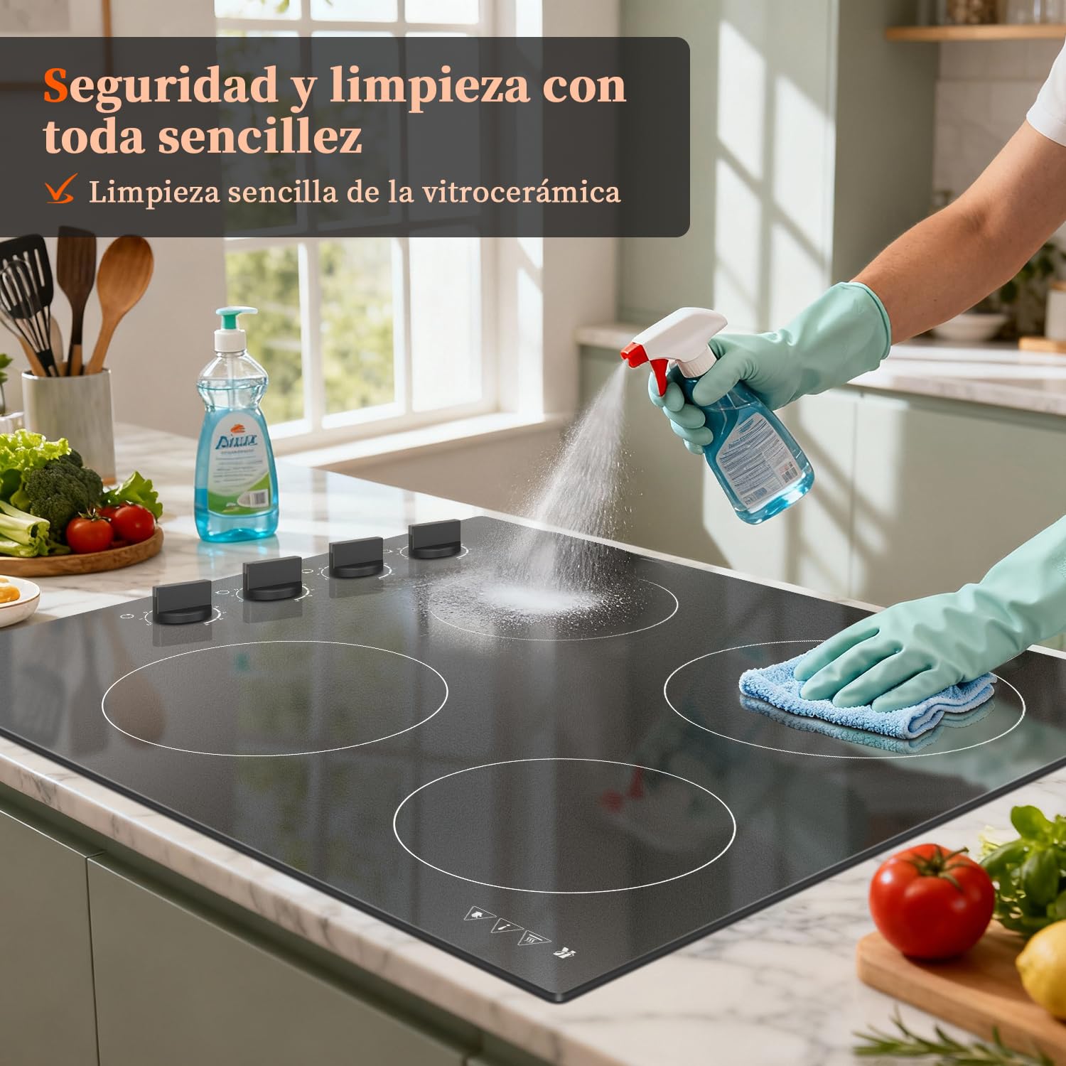 Karinear Placa Vitroceramica 4 Fuegos 60 CM con Mandos Manuales, 6000W | 9 Niveles de Potencia, 4 Placas con Niveles de Potencia, Compatibilidad Universal de Ollas, Apagado Automático, sin Enchufe