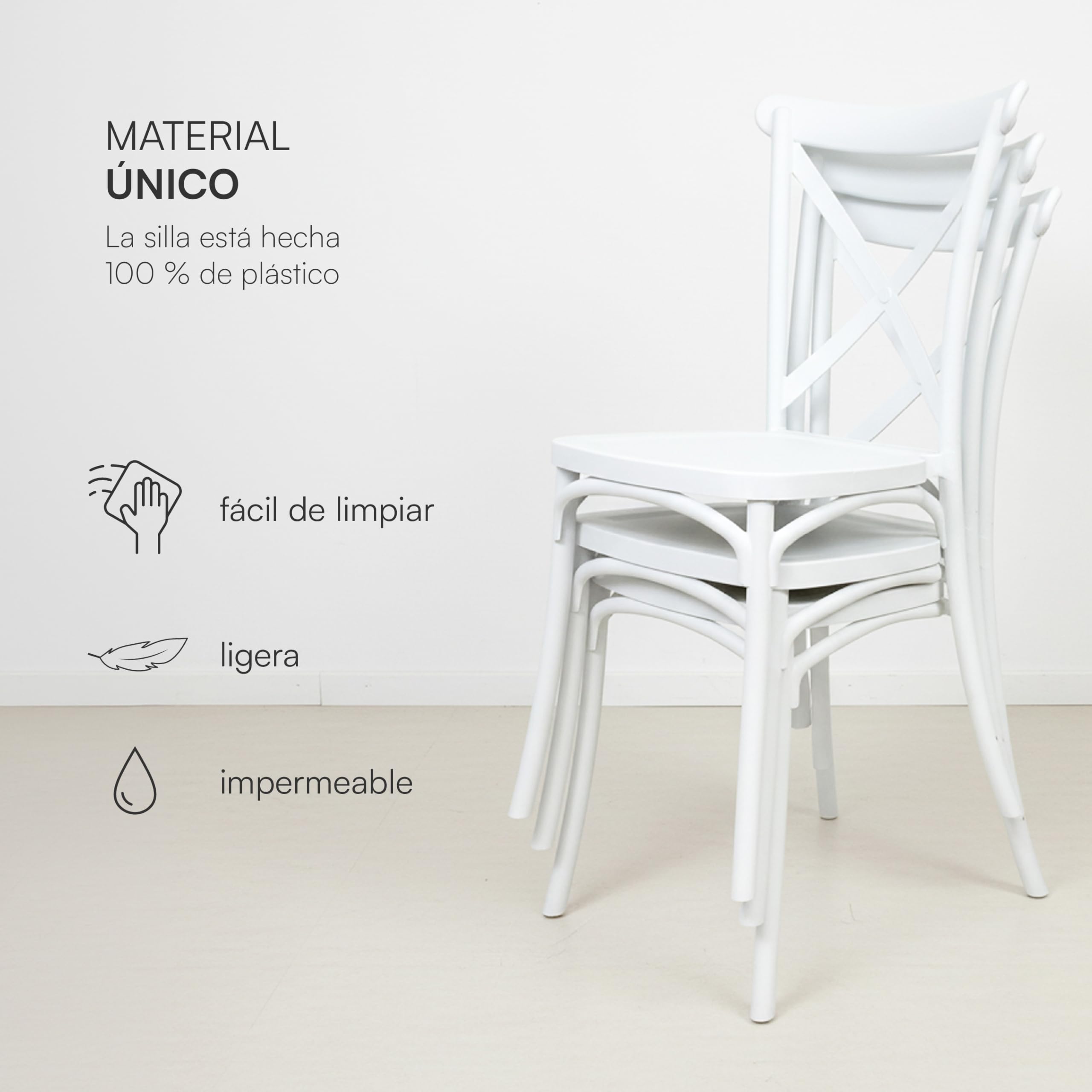 Baroni Home Set de 4 Sillas de Plástico Blanco – Apilables, Sin Montaje, Fáciles de Limpiar, con Patas Antideslizantes, para Cocina, Salón, Comedor, Exterior, 44x44x82 cm, Respaldo Trenzado
