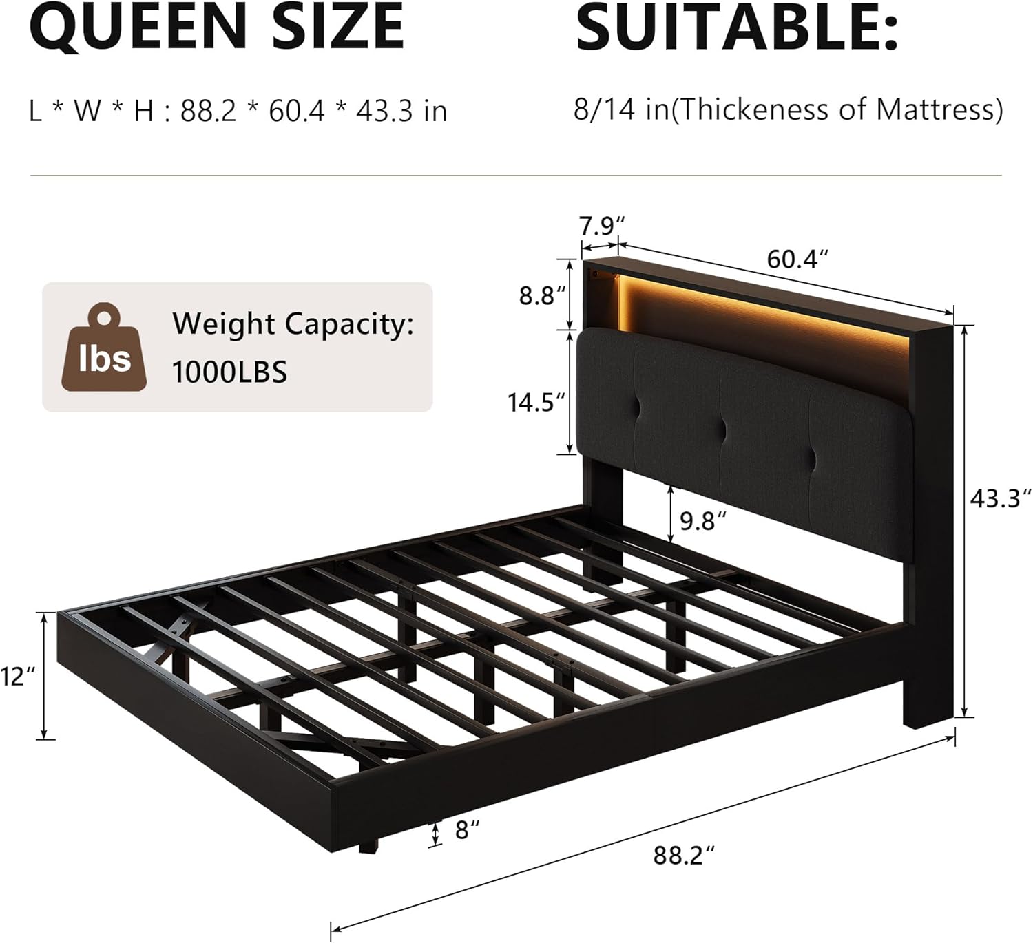 Einhomn Floating Bed Frame Queen Size with 2-Tier Storage Linen Fabric Upholstered Headboard, Wooden Platform Bed w/Charging Station & LED Lights, Metal Slats Support, No Box Spring Needed, Black