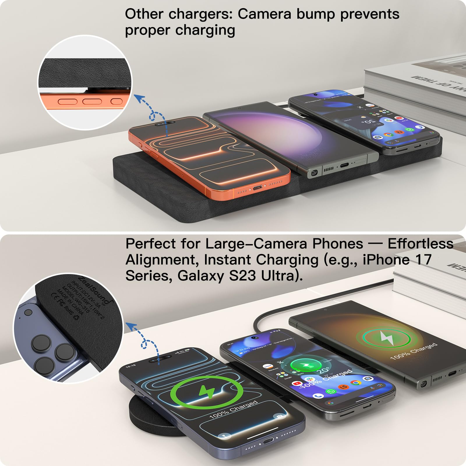 ZealSound 3-in-1 Wireless Charger Pad for Multi Devices - Ultra-Slim PU Leather Triple Wireless Charging Mat for Smartphones & Earbuds, Compatible with iPhones, AirPods, Galaxy Buds, Incl. 36W UK Plug — view 8