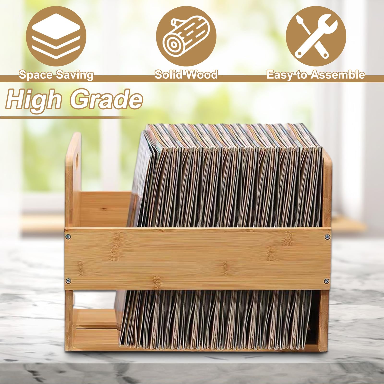 Scatola portaoggetti per dischi grande, 40 x 35,5 x 31,5 cm, in vinile, con manici, scatole in bambù con viti di fissaggio, scatola rustica in vinile per album, audio, riviste, libri