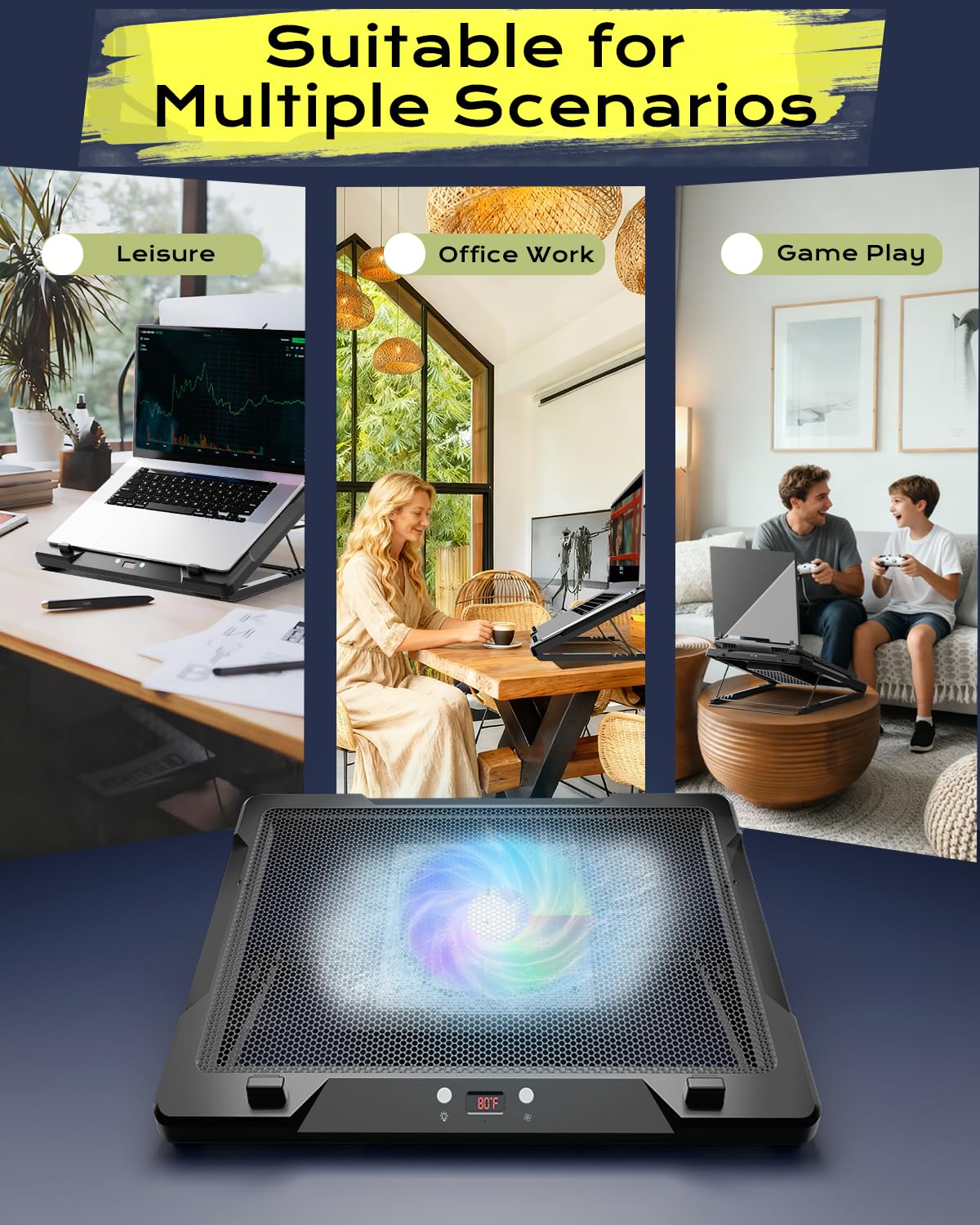 DEPGI Base di raffreddamento per computer portatile, con ventola mobile da 5,5 pollici, facile da pulire, sensore di temperatura automatico e controllo manuale a 3 velocità, ultra silenzioso ≤40 dB