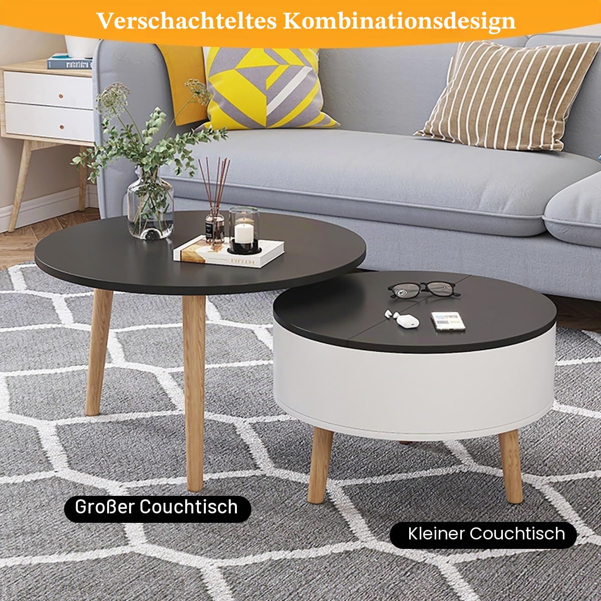 2er Set Runde Couchtische mit Stauraum, Stapelbare Wohnzimmertische aus Holz mit Klappdeckel, Kleiner Beistelltisch mit Verstecktem Fach für Wohnzimmer oder Kleine Räume(60cm/23.6in,Brown/white)