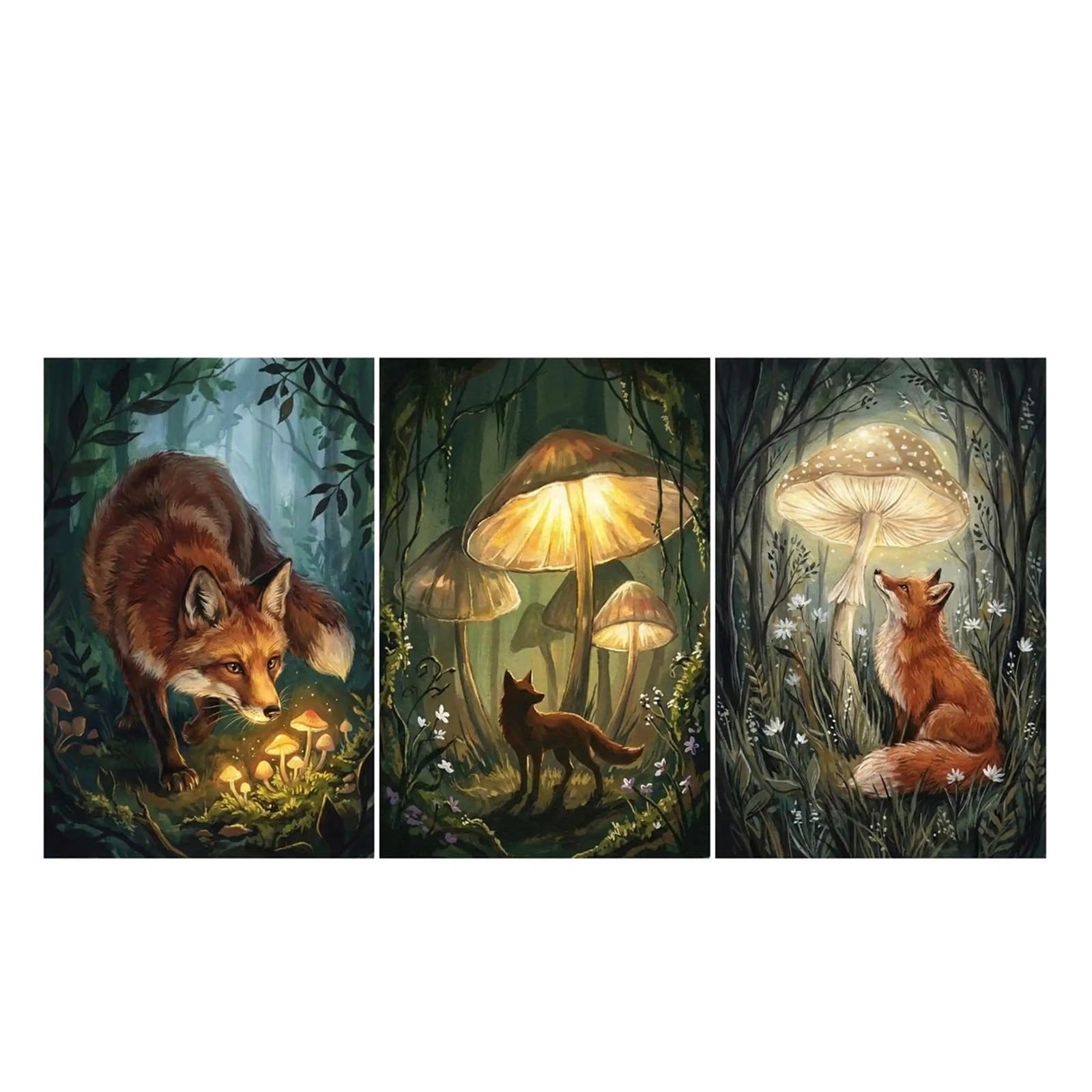 Graiting 3pcs Fox Wall Art Enchanted Forest Nursery Decor Glowing Mushroom Whimsical Woodland Cottagecore Print Gift