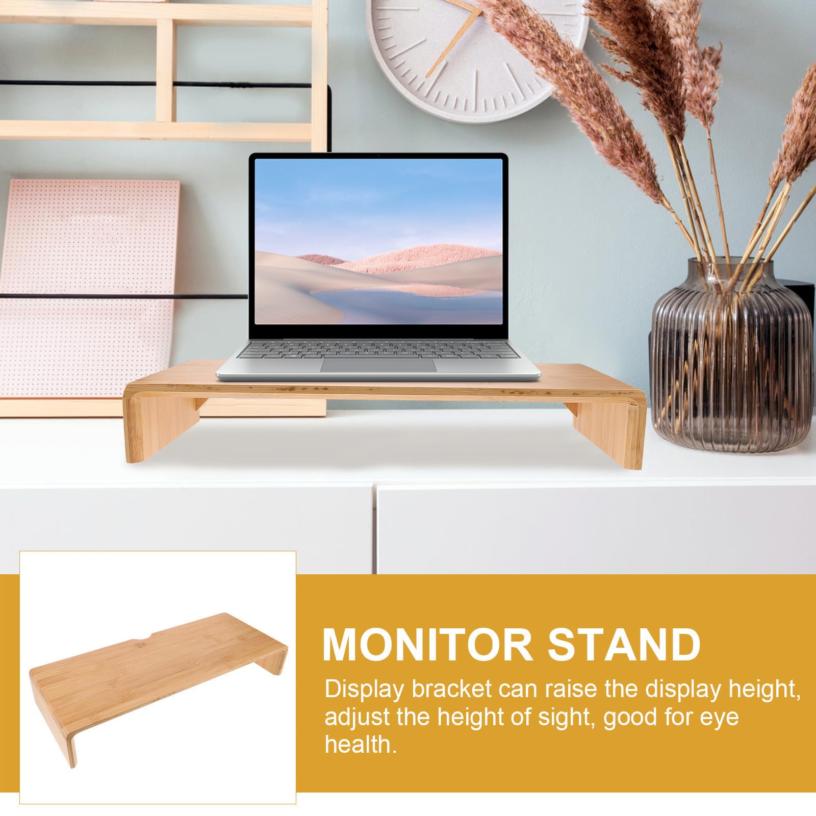 Supporto per Monitor in bambù per Ufficio e Casa, Rialzo per Schermo Computer, Design Semplice e Rustico per Postura Confortevole e Benessere Visivo