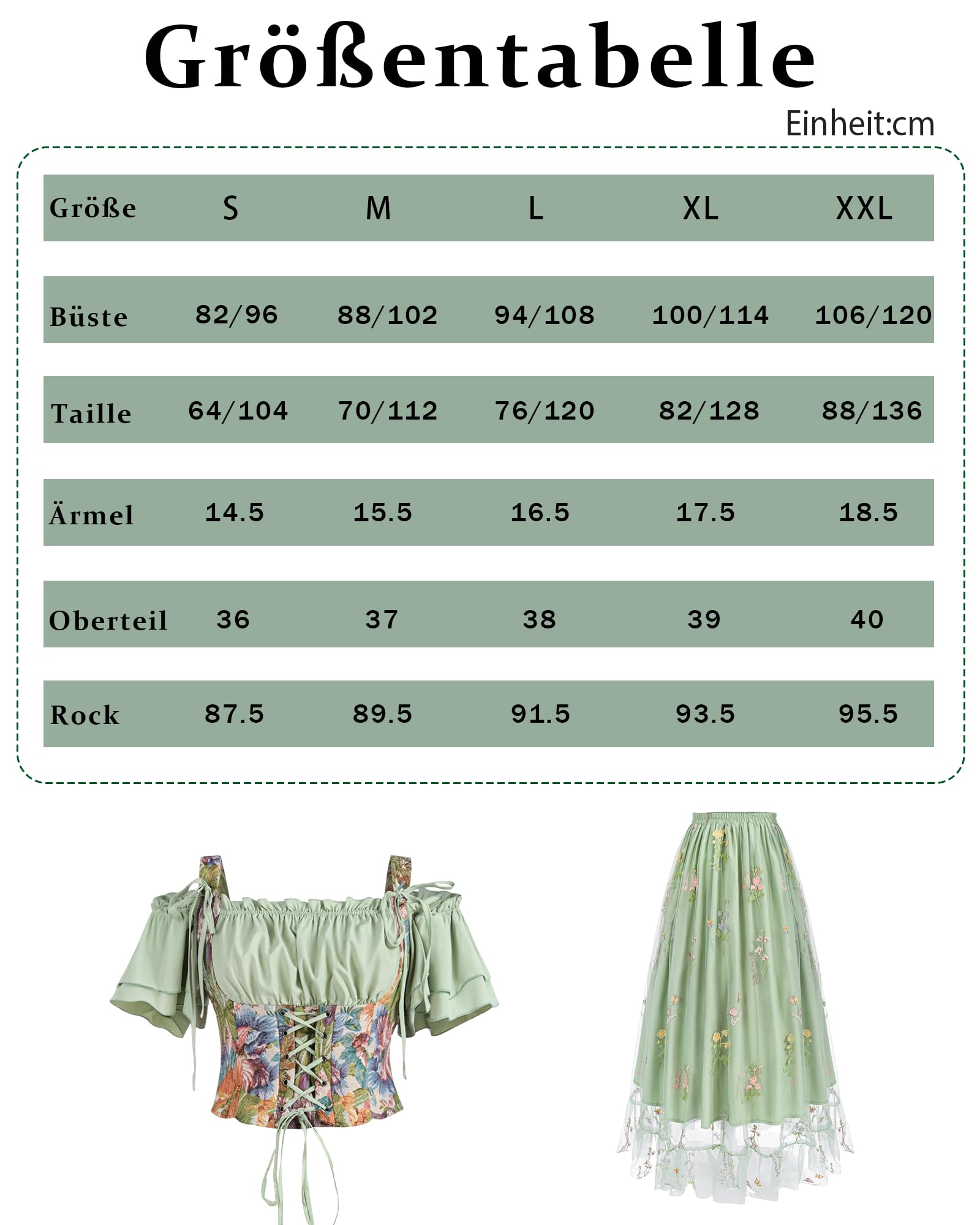 Ensemble de vêtements médiévaux pour femme - Costume d'elfe - Robe maxi 2 pièces en vert - Haut épaules dénudées et jupe en tulle avec broderie florale