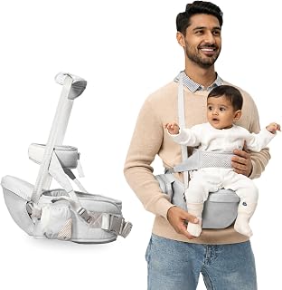Kids Station Baby Carrier with 4 Carry Positions, Patented Design, Baby Carrier made up of Cotton, Designed for Indian Environment, Adjustable New-Born to Toddler Carrier, Max Weight Up to 15 Kgs (Grey, Happy Strap)
