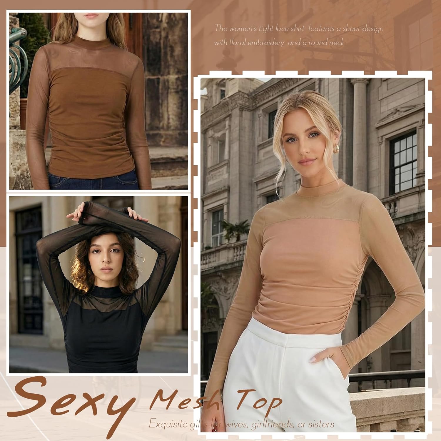 Capoda 3 Pack Women Sheer Mesh Tops Long Sleeve Mock Turtle Neck Shirts Ruched Fitted Blouse Trendy Going Out Party Clubwear - Image 2