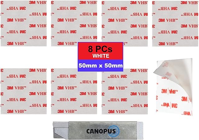 CANOPUS Double Sided Sticky Pads Heavy Duty White, 8 PCs (50mm x 50mm), Thickness (1.1mm) Waterproof Adhesive Pads, Mounting Pads, Number Plate Pads, Ideal for Indoor and Outdoor use