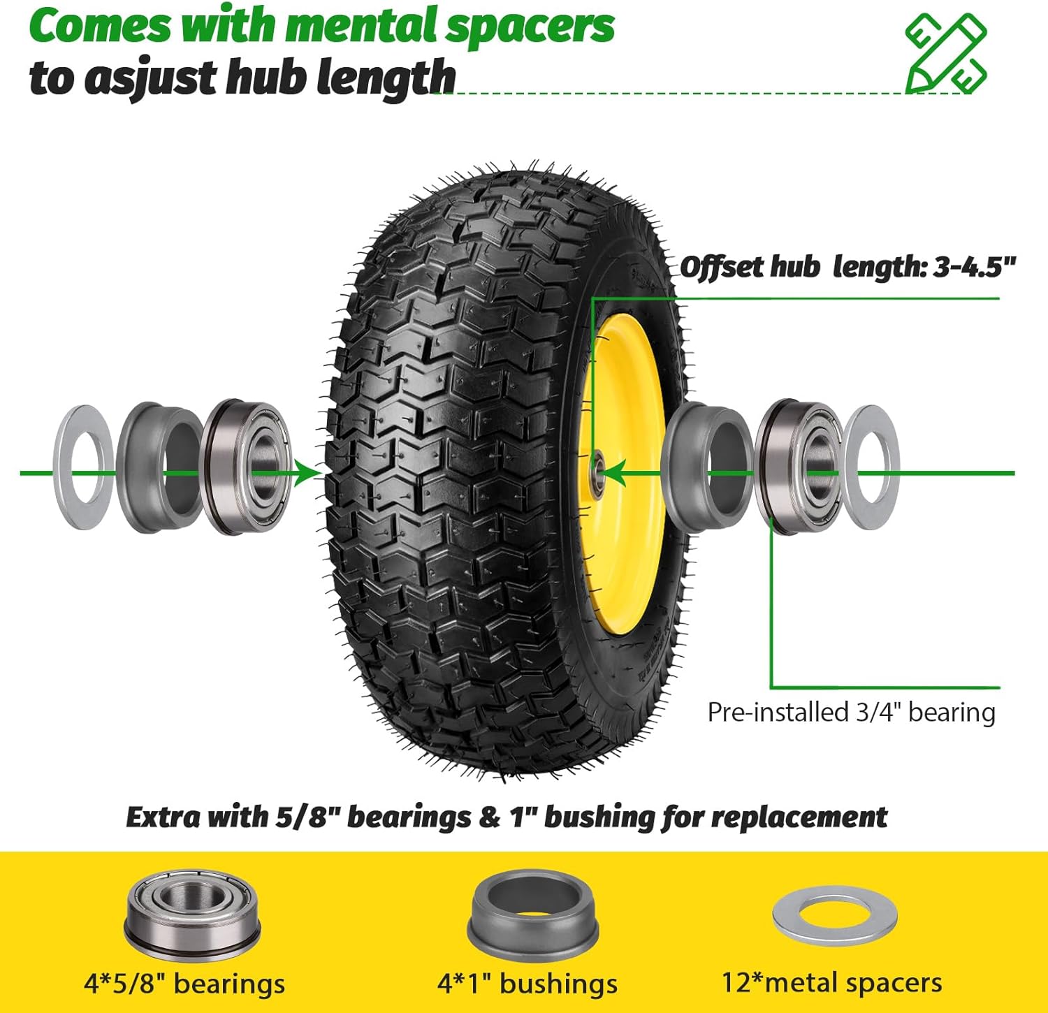 16 x 6.50-8 Tire and Wheel, 2 Pcs Lawn Mower Tires 16x6.50-8 with 3/4" & 5/8" Precision Bearings -1" Bushings & 3" Offset Hub, 16x6.50x8 Lawn Tractor Tires Fit Most Craftsman John Deere Riding Mower