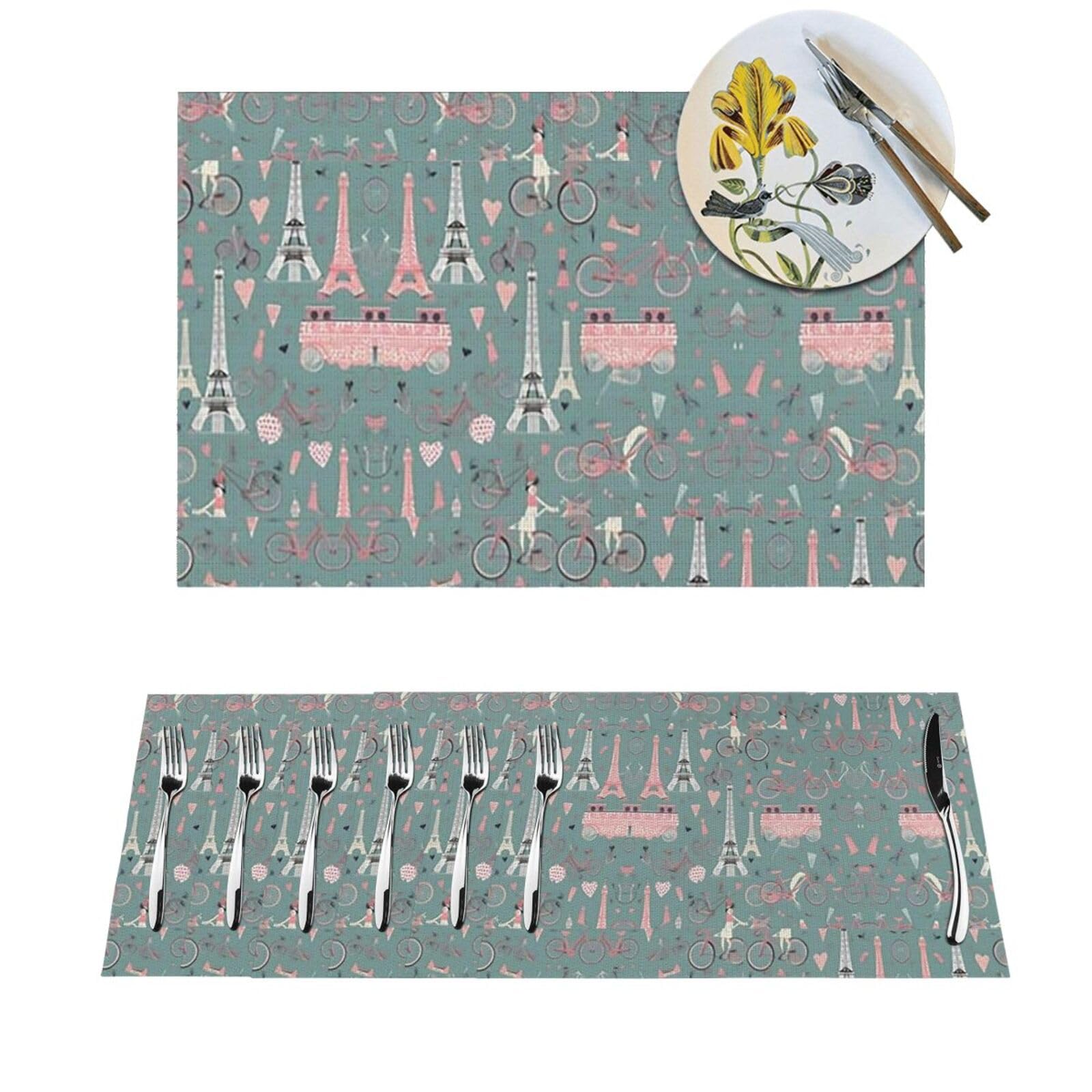 Woven Placemats Romantic Paris Eiffel Tower Bycicle Durable Table Mats Indoor Place mats Washable Non-Slip Heatproof Woven Placemats for Dining PVC Place Mat for Dinners Wedding Parties