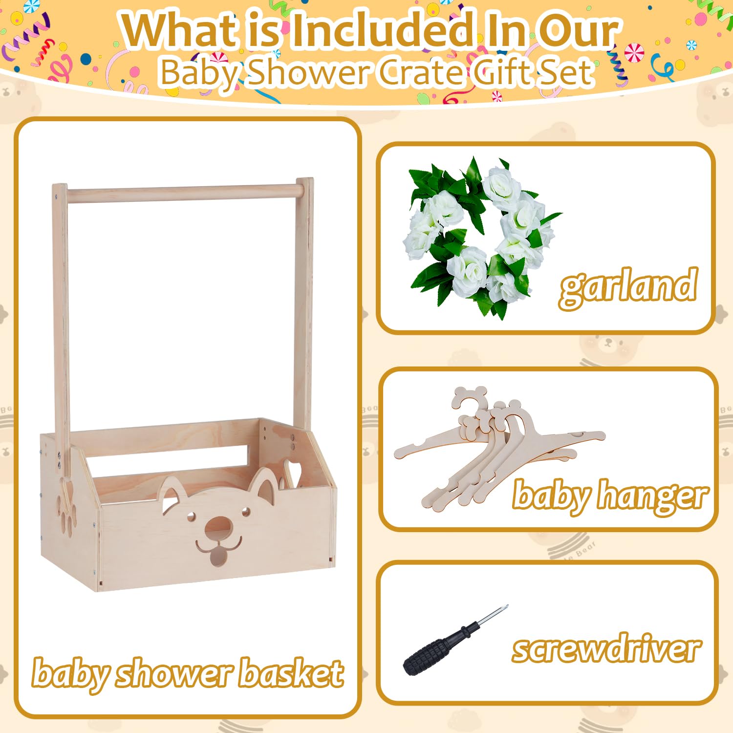 efluky Wooden Baby Shower Crate Closet with Handle, Baby Shower Basket Bear Crate Box, Newborn Boy Girl Welcome Gift Basket,Easy Assembly Baby Baskets for Baby Shower
