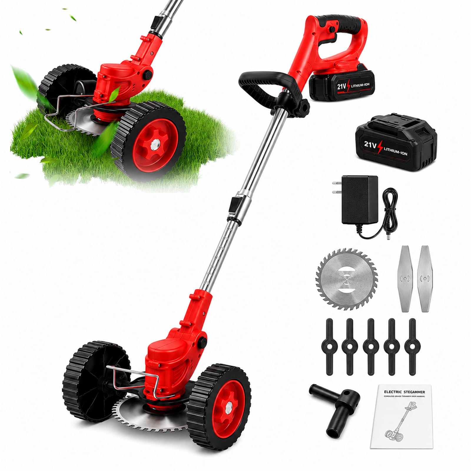 Kit Cortabordes 21 V con Batería, Cargador, Disco y 7 Cuchillas Red-10-CellBattery | Incluye batería elegida, cargador, disco de 15 cm, dos cuchillas metálicas, cinco plásticas, llave y manual