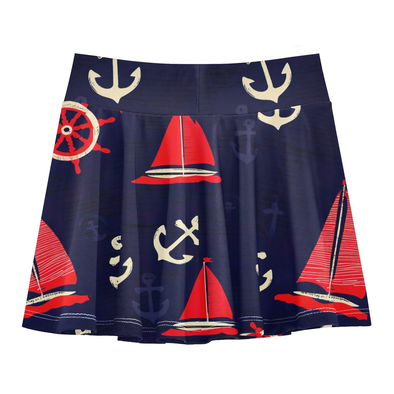CHIFIGNO Nautical Anchors Dark Blue Girls' Tennis Skirts 2-in-1 Active Athletic Skort Kids Golf Skorts with Shorts Size 11-12