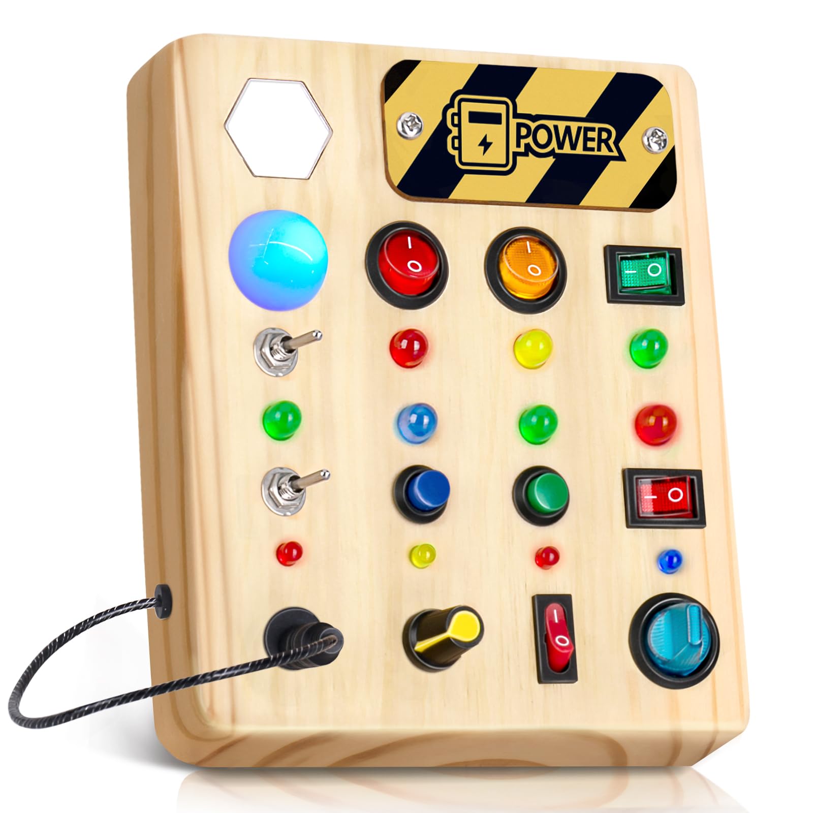 HONGDDYBusy Board Montessori Toys for Toddler, Wooden Sensory Board Switch Toy with Shape Sorter LED Light Up Travel Toys Educational Plane Travel Activity for Girls & Boys Gifts