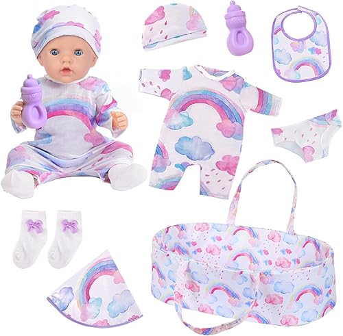 Ecore Fun 8 piezas de ropa de muñeca de bebé con moisés para muñeca de bebé de 16 a 18 pulgadas, accesorios de ropa de muñeca arcoíris para muñecas
