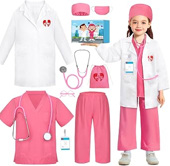 Doctor Costume for Kids Scrubs with Lab Coat, 9Pcs Toddler Nurse Scrubs Doctor Dress Up Halloween Costume for Boy Girl