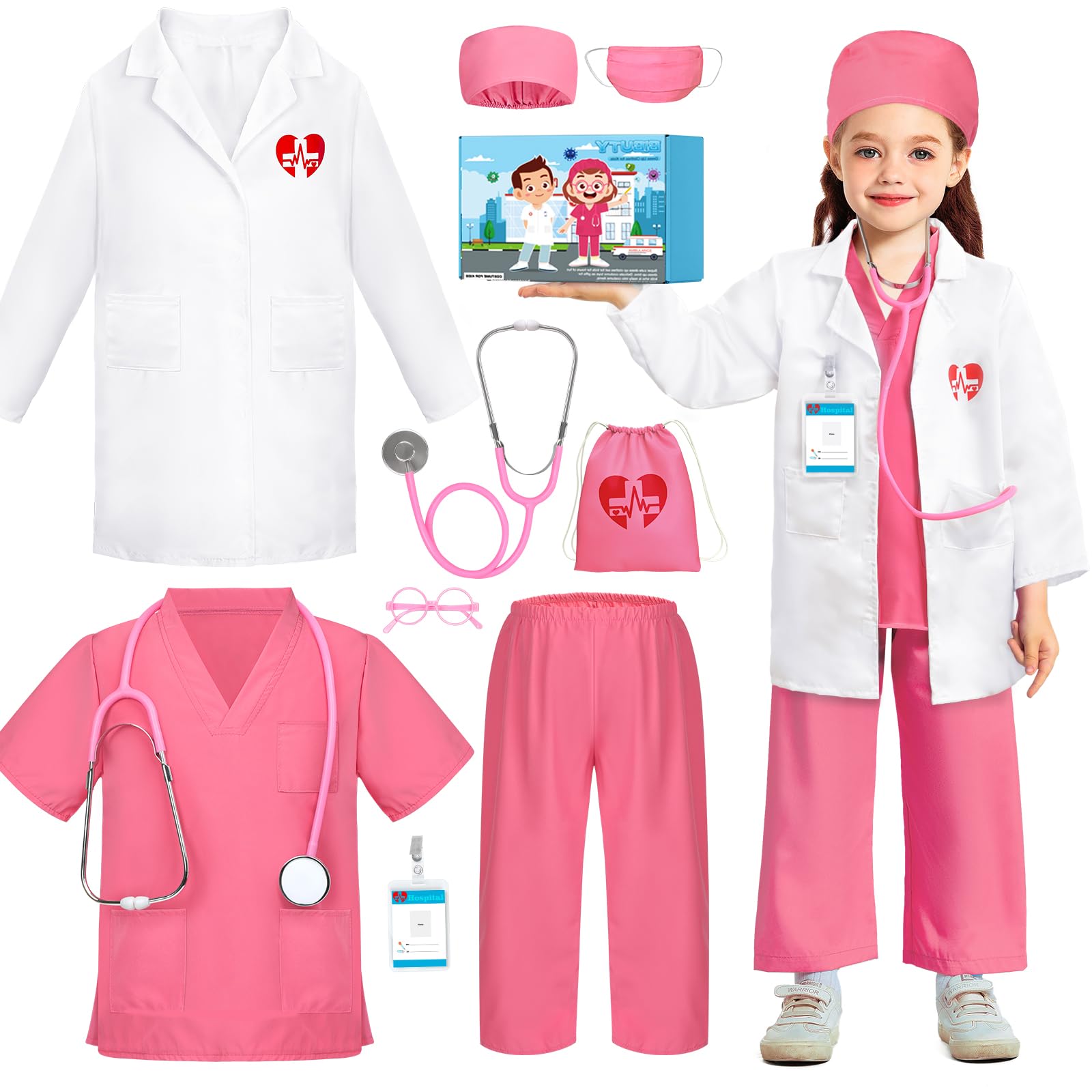 BIBUTY Doctor Costume for Girls Doctor Scrubs Costume for Kids with Lab Coat, Carry Bag, Stethoscope, Doctor Dress Up for Halloween, Career Day Role
