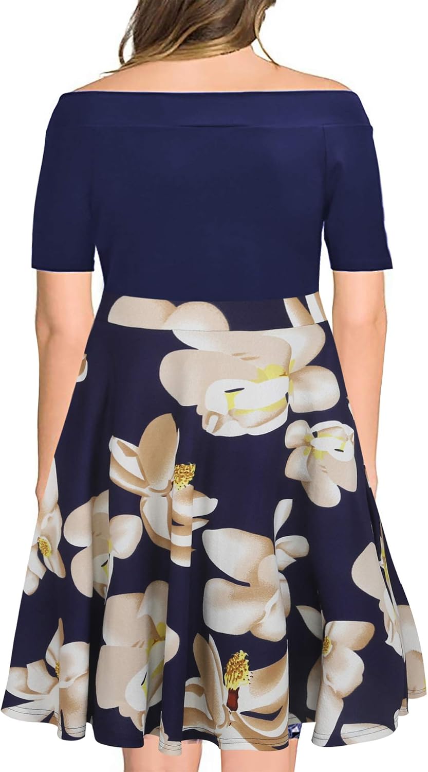 Women's Off The Shoulder Fit and Flare Plus Size Swing Dress with Pockets