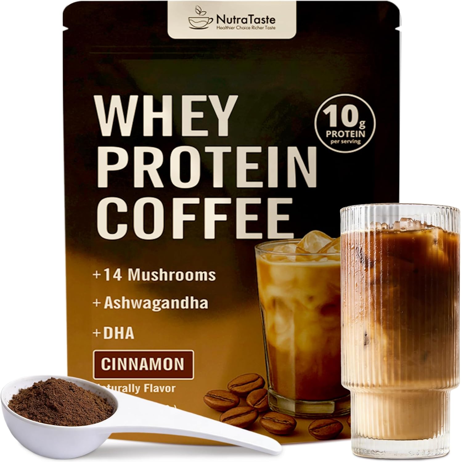 Protein Coffee Powder, Whey Protein Iced Coffee | 14-Mushroom Blend with Reishi & Lion’s Mane, L-Theanine, Ashwagandha & DHA | No Added Sugar, Keto Friendly, Gluten Free | Cinnamon Flavor, 20 Servings
