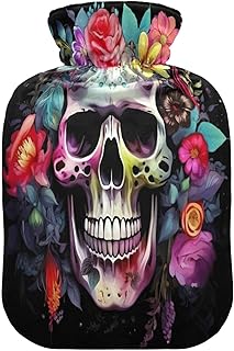 Wajiw Hot Water Bottle with Cover 1L Warm Water Bottle for Hot and Cold Compress Hot and Cold Therapies,Hand Feet Warmer,Halloween Skull