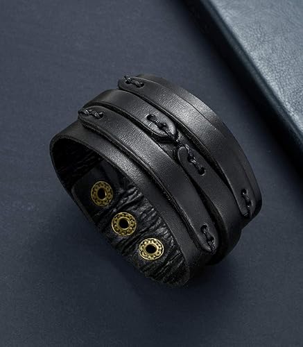 Miniatura 6 de Tornito Pulsera de cuero genuino trenzada para motociclista, estilo punk, con cinturón ancho, para mujeres, hombres, negro, marrón, tamaño ajustable