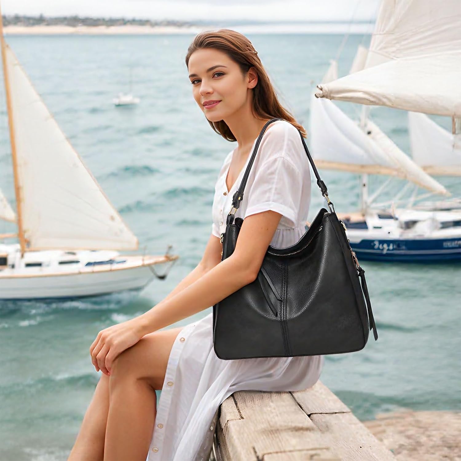 Large Trendy Designer Hobo Tote Bag for Women, Soft Leather Crossbody Shoulder Handbag, Purse and Wallet Set Black Brown