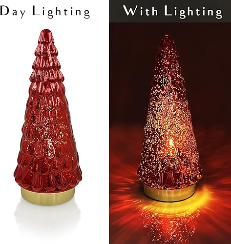 Miniatura 8 de Árbol de Navidad de cristal rojo, 3 piezas, pequeño árbol de Navidad de mercurio de mesa con luz, árbol de Navidad a pilas para decoración de