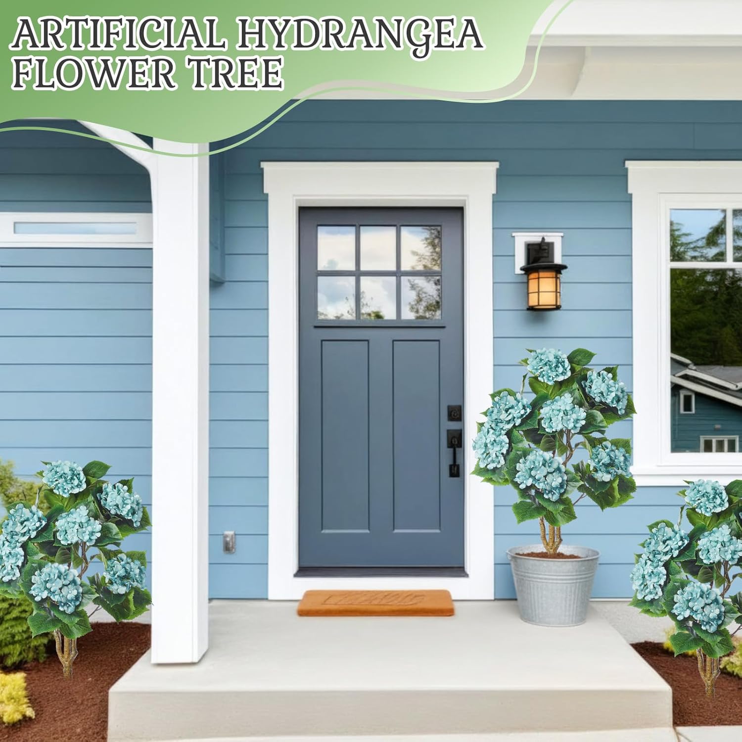 2 Pack Artificial Hydrangea Trees with Spikes 3 ft Faux Hydrangea Flower UV Resistant Spring Summer Floral Blooming Bush for Indoor Outdoor Wedding Front Door Porch Garden Backyard(Blue)