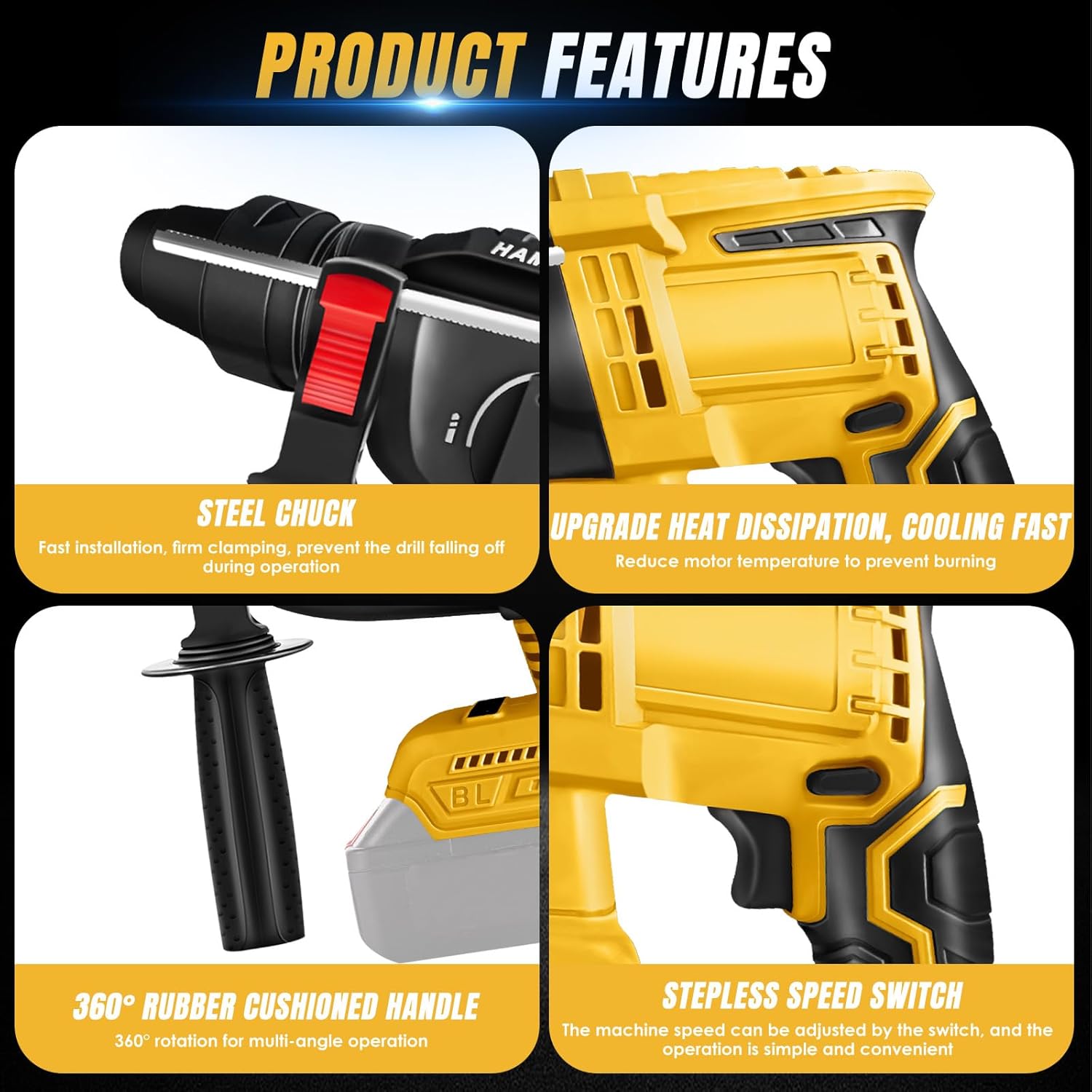 Cordless Rotary Hammer Drill for Dewalt 20V Max Battery, Brushless SDS Plus Rotary Hammer, 4 Modes, 0-4500 BPM, 2.7 Joules Impact Energy, with 360°Auxiliary Handle and 4 Drills (No Battery)