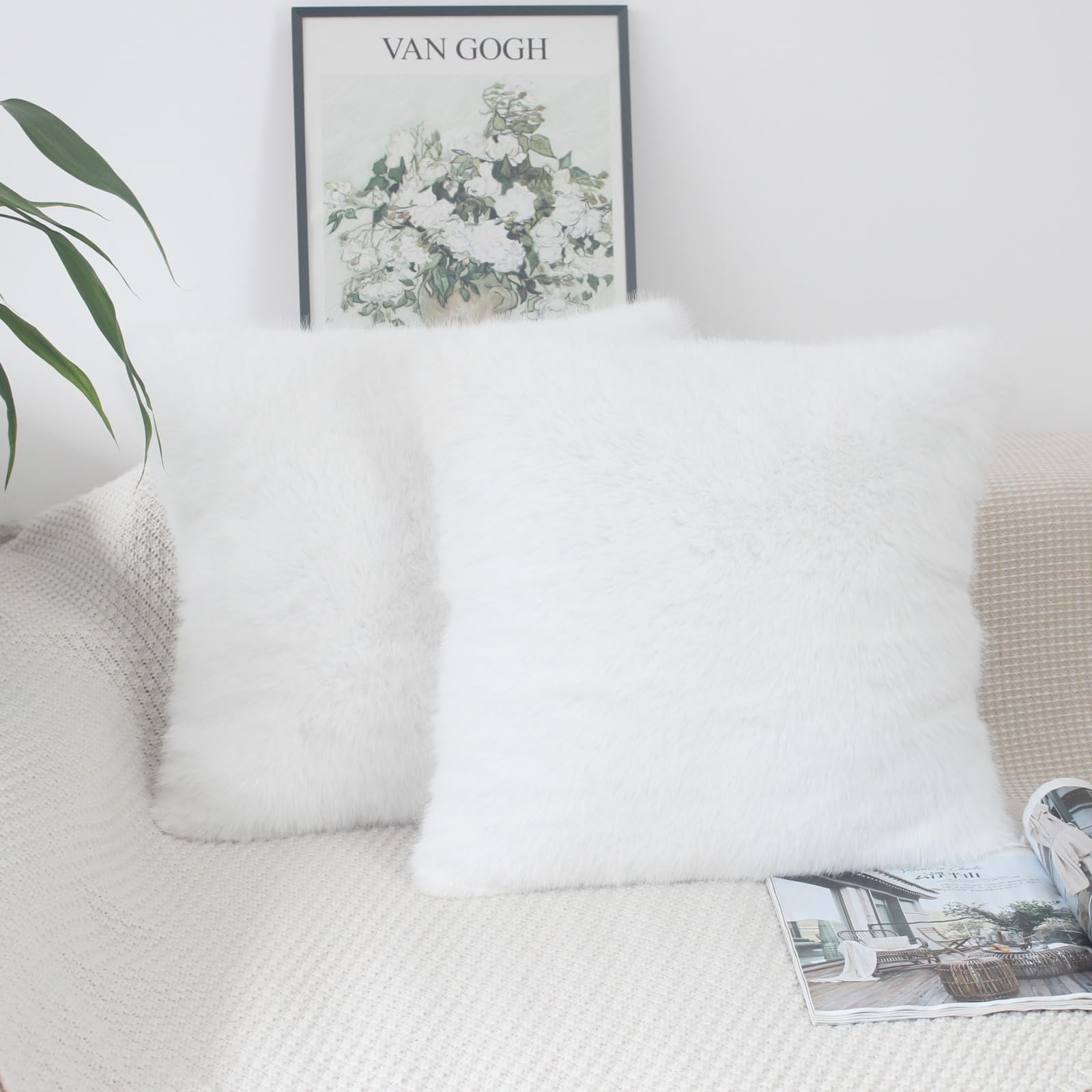 OYIMUA White Fluffy Throw Pillows Covers 20x20 Set of 2 Faux Fur Square Cushion Covers Decorative Pillows Cover Decor Pillow Cover Accent Neutral Couch Pillows for Living Room Bed