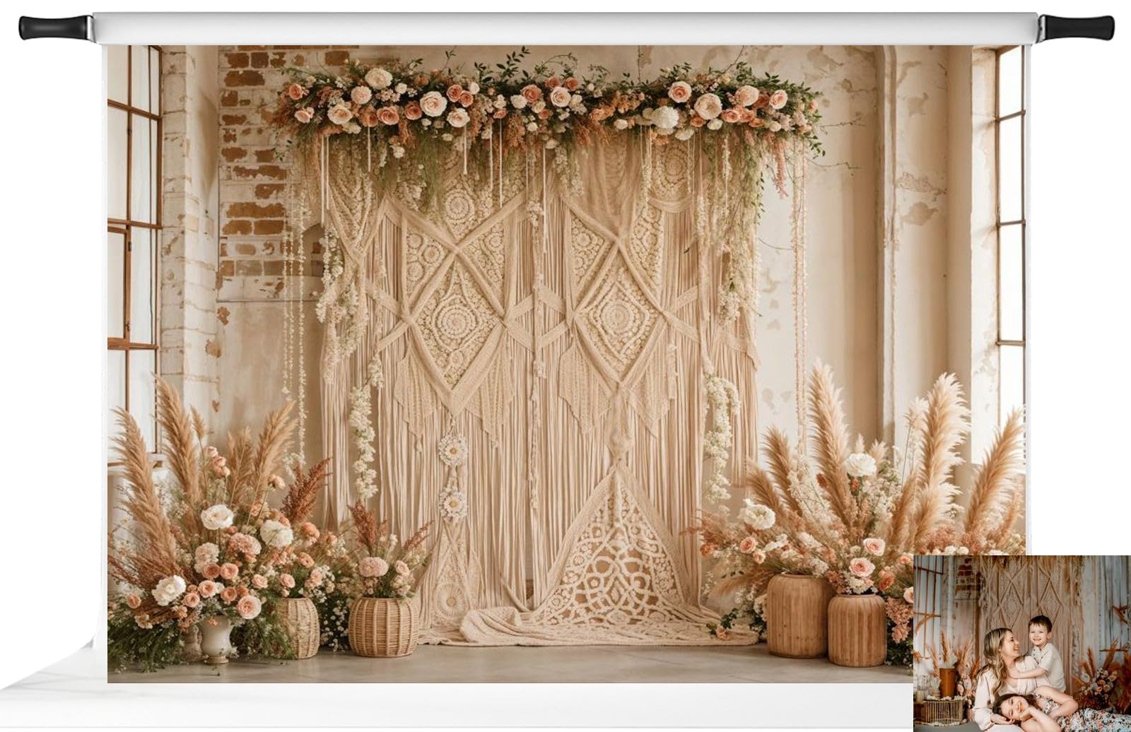 Kate 7x5ft/2.2x1.5m Boho Backdrop Floral Brick Wall Mother's Day Interior Decoration Digital Printed Cloth Background Photo Studio Props