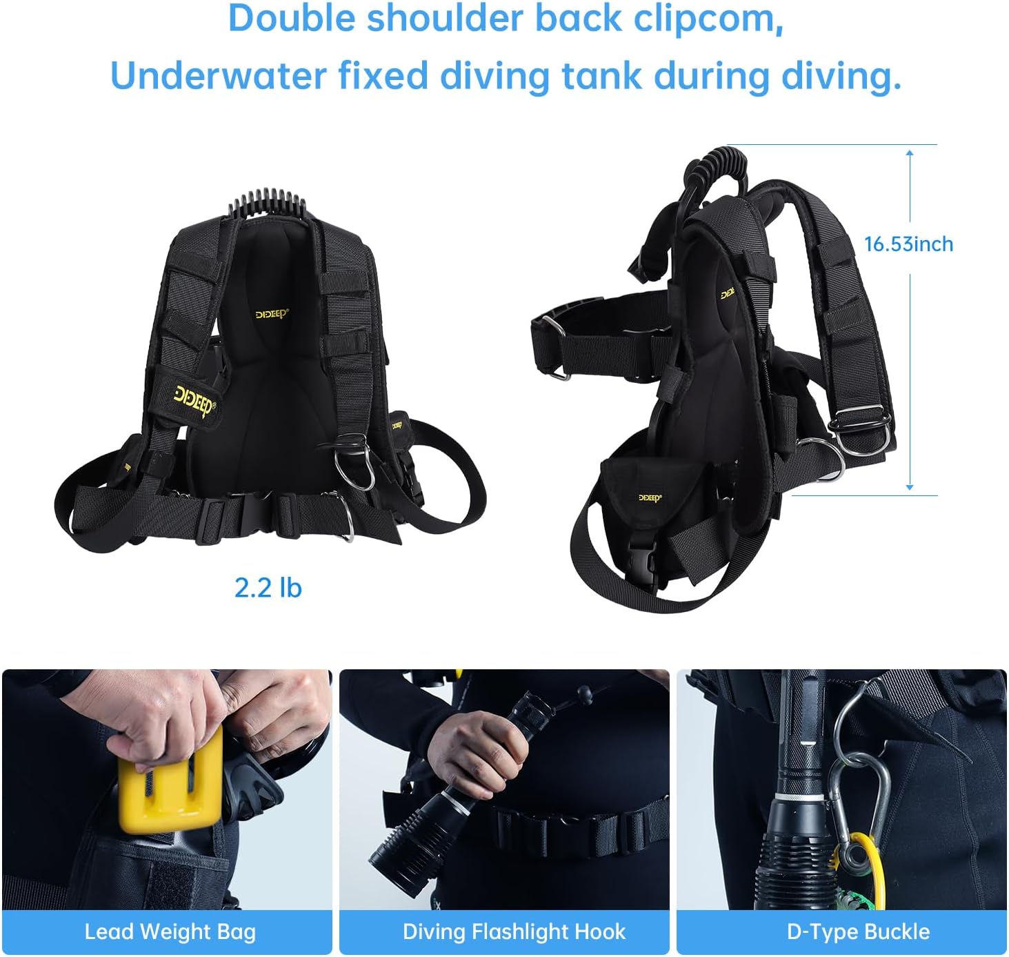 DIDEEP 3L Scuba Tank, 2pcs Lung Tank with Double Shouder Clip Diving Mask, Support About 60-80 Minutes Underwater Breathing, Diving Tank Kit for Emergency Rescue Underwater Exploration, Black
