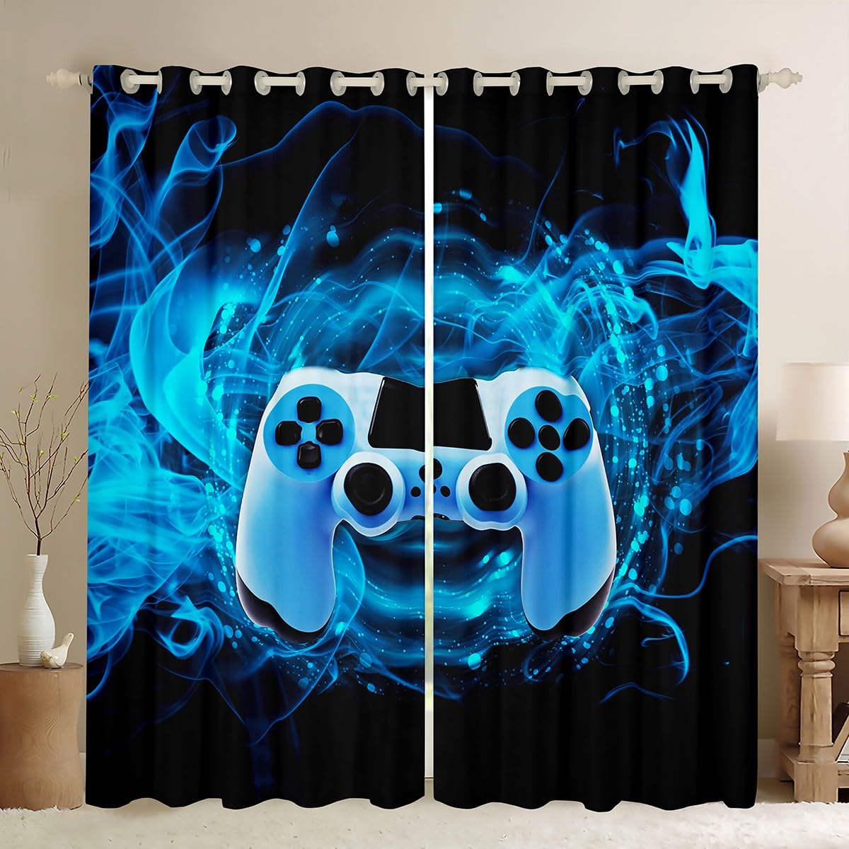 Cortina de Juegos de Juegos, Sala de Juegos, Cortinas de para niños, Videojuegos, Gamepad con Aislamiento térmico, Cortinas para Ventana, Consola controladora de Juegos, Color Azul W46*L54