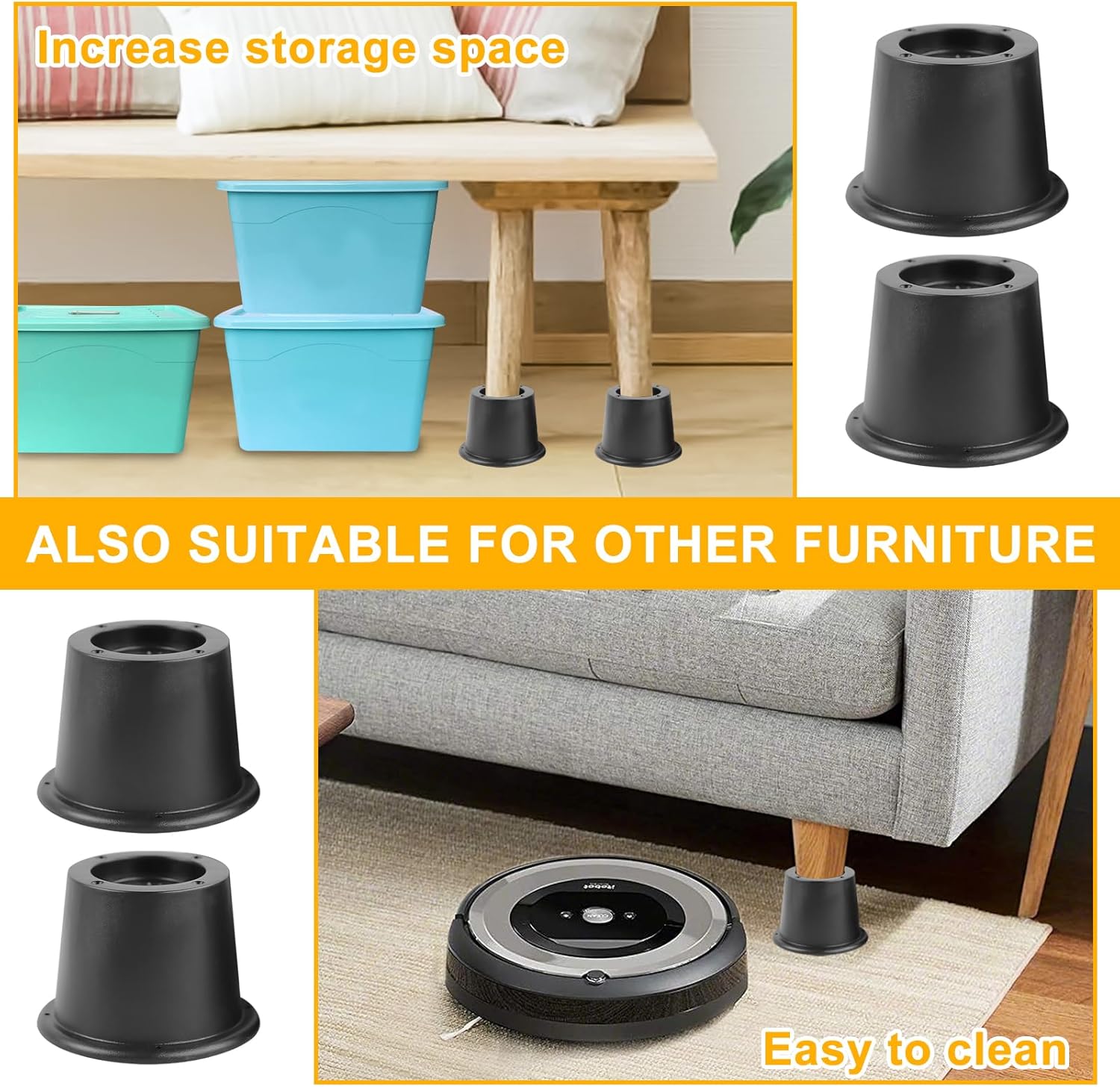 Tefola 8 Pack Bed Furniture Risers, Bed Risers Bed Lifts Risers for Sofa, Couch, Desk, Heavy Duty Bed Frame Risers Table Leg Extenders Supports Up to 1,300 Lbs