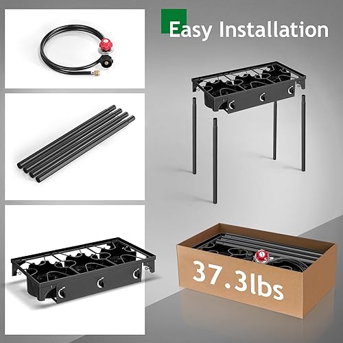 Miniatura 5 de Karl home Estufa de gas propano de 3 quemadores para cocinar al aire libre, cocina de campamento de 225,000 BTU con patas extraíbles y regulador PSI