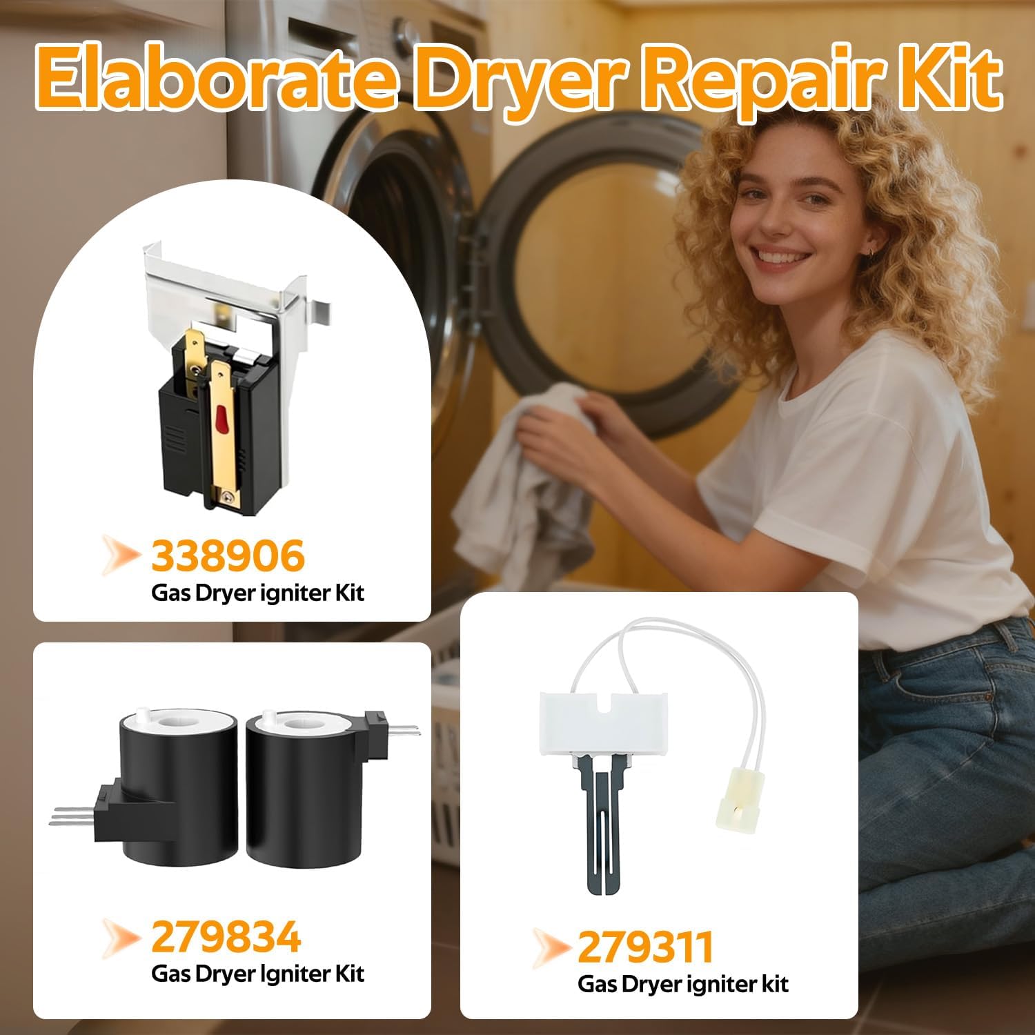 Upgrade Gas Dryer Machine Contains 279311 Igniter 279834 Gas Valve Coil 338906 Flame Sensor 3392519 Dryer Thermal Fuse, Gas Dryer Part Flame Sensor Repair Kit Compatible With Whirlpool Maytag Kenmore