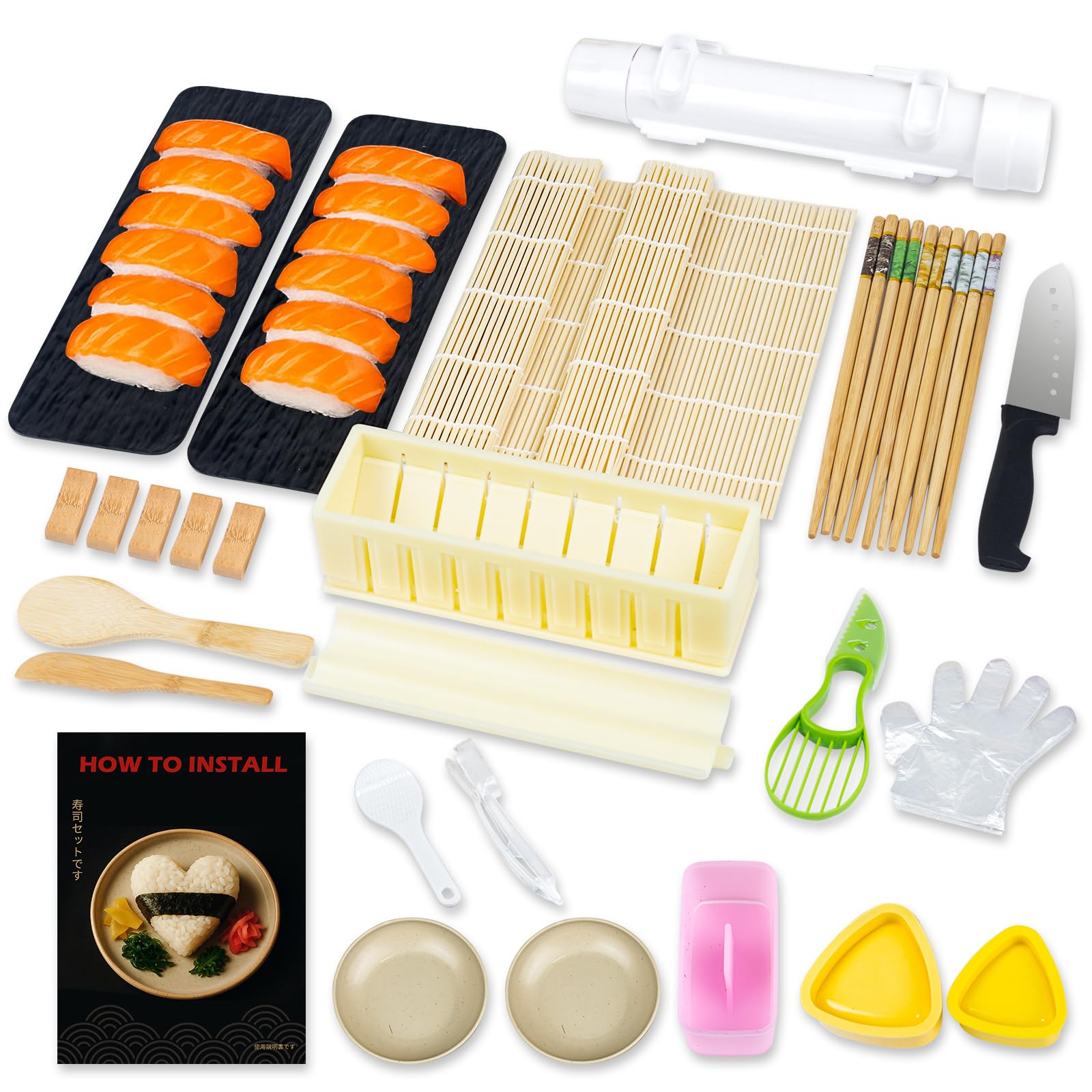 31-teiliges Sushi-Set – professionelles Sushi-Set mit Bambusmatte, Reisstreuer, Sushi-Form und Kochutensilien – perfekt für hausgemachte Sushi-, Sashimi- und Maki-Rollen