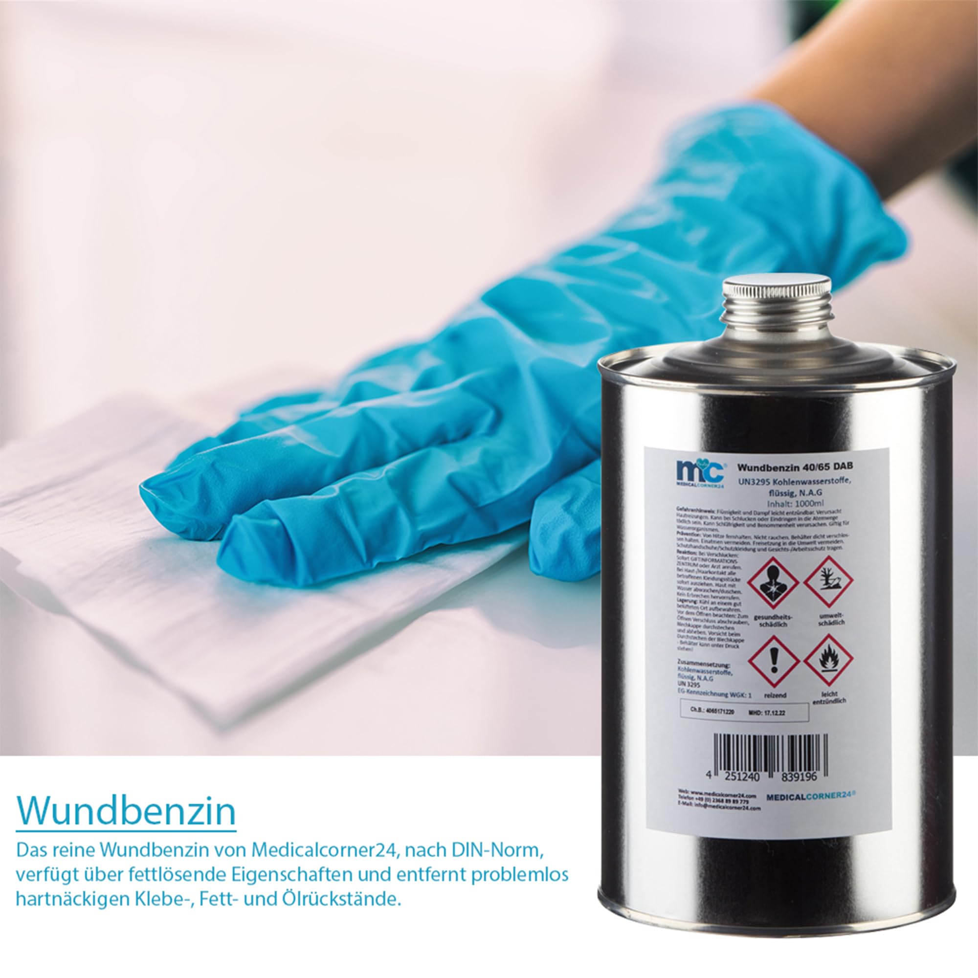 Medicalcorner24 Wundbenzin 40/65, Reinigungsbenzin, Leichtbenzin, UN3295, flüssiges Lösungsmittel, 10 L