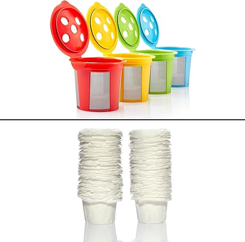 4 vasos K reutilizables y 100 filtros de papel desechables para Keurig K Supreme, K Supreme Plus y K Slim con tecnología Multistream