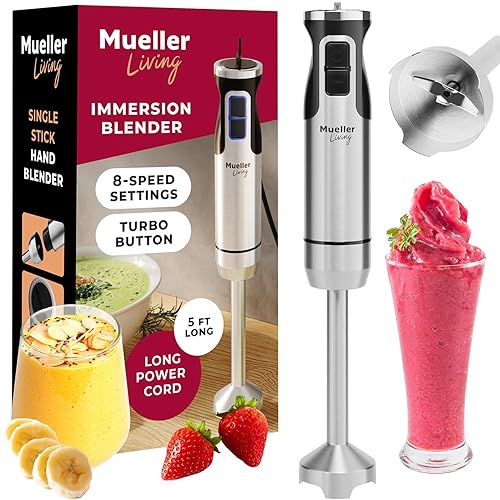 MuellerLiving Immersion Blender Handheld - 8 Speed Stainless Steel Electric Hand Blender, Emulsion Blender Stick Kitchen Gadget with Turbo Mode - Single Blender Stick
