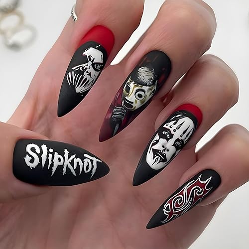Uñas postizas de Halloween, uñas postizas largas a presión, uñas postizas negras oscuras con máscara de terror estilo punk, diseño de nudo