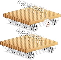 Vista 8 de Sieral Paquete de 30 perchas de madera para pantalones con clips de madera maciza, faldas de madera maciza con 2 clips ajustables, gancho giratorio