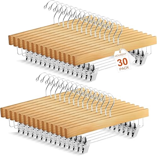 Miniatura 8 de Paquete de 30 perchas de madera para faldas con clips, perchas de madera lisa para pantalones, perchas de madera maciza con clips de metal