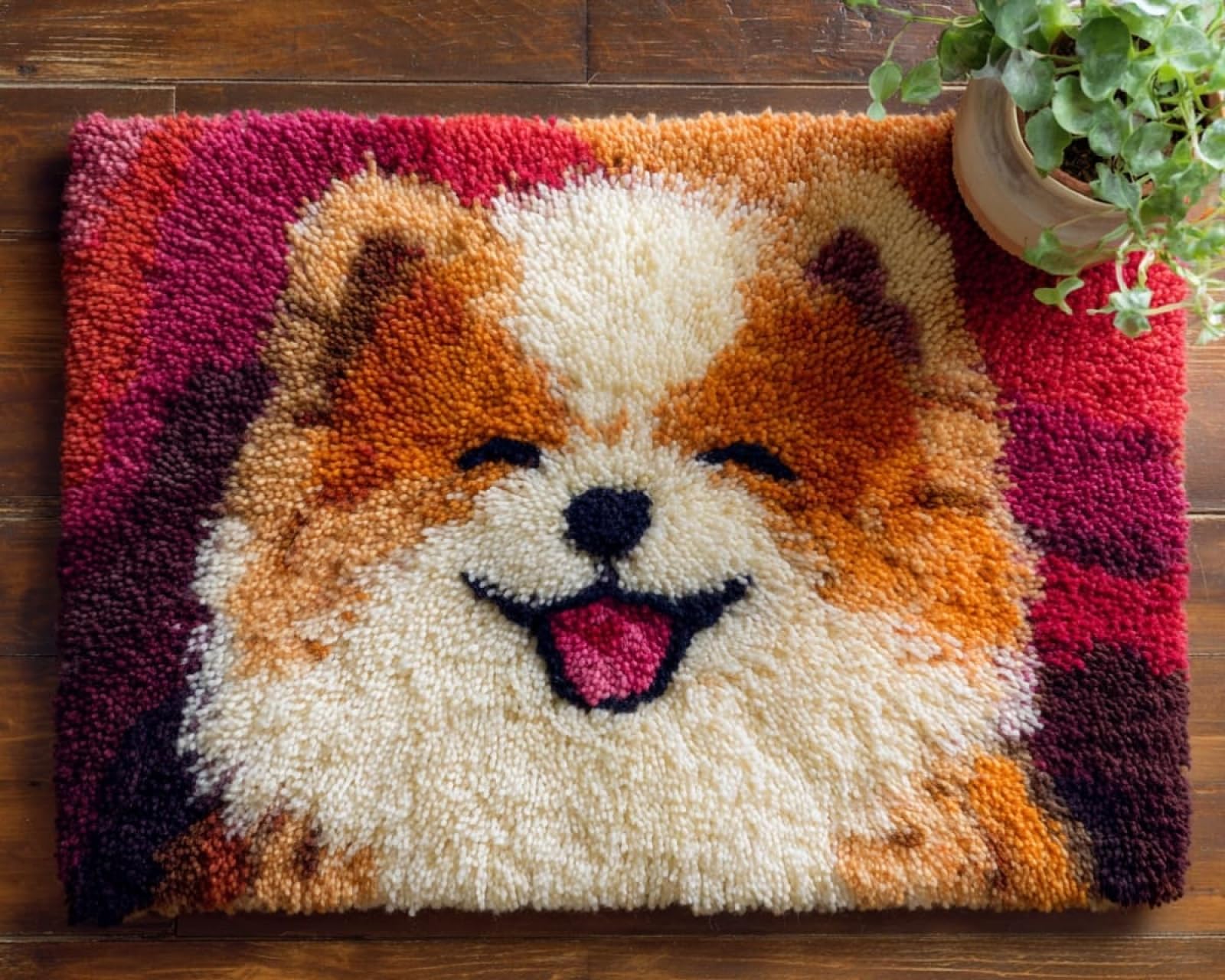 Wallphantom DIY Latch Hook Rug Kit,Happy Pomeranian,Latch Hook Kits for Adults,Home Carpet Rug Making,Needlework Crafts Rug for Home Decor,60x90cm