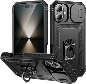 for Apple iPhone 16 Case Military Grade Drop Shock Protection Cell Phone Cover with Slide Camera Cover Built-in 360 Rotate Ring Stand for iPhone 16 6.1 -Black