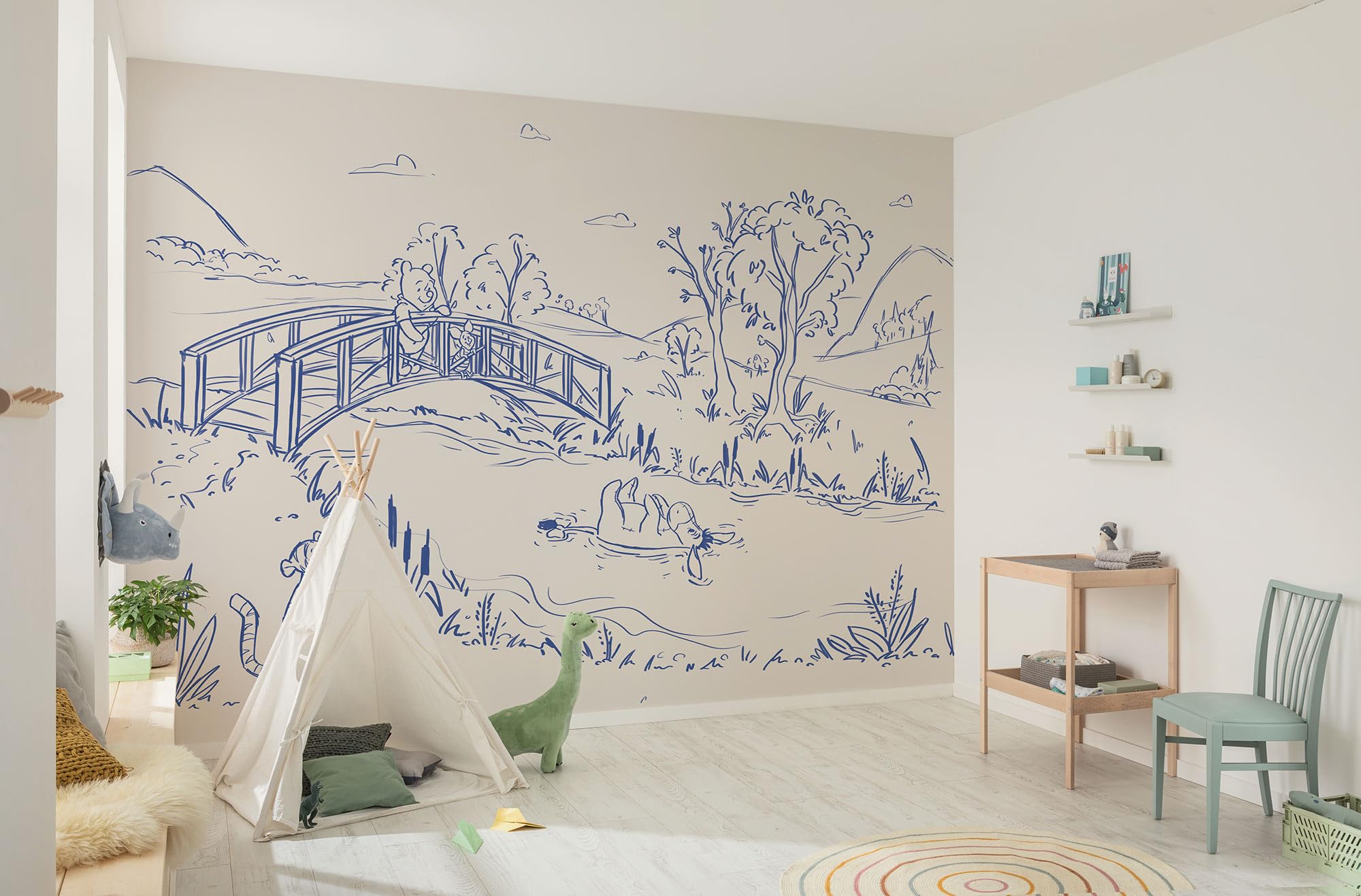 Komar Non-Woven Photo Wallpaper Disney Winnie The Pooh Blue Ink Size 350 x 250 cm Children's Wallpaper, Beige,blau