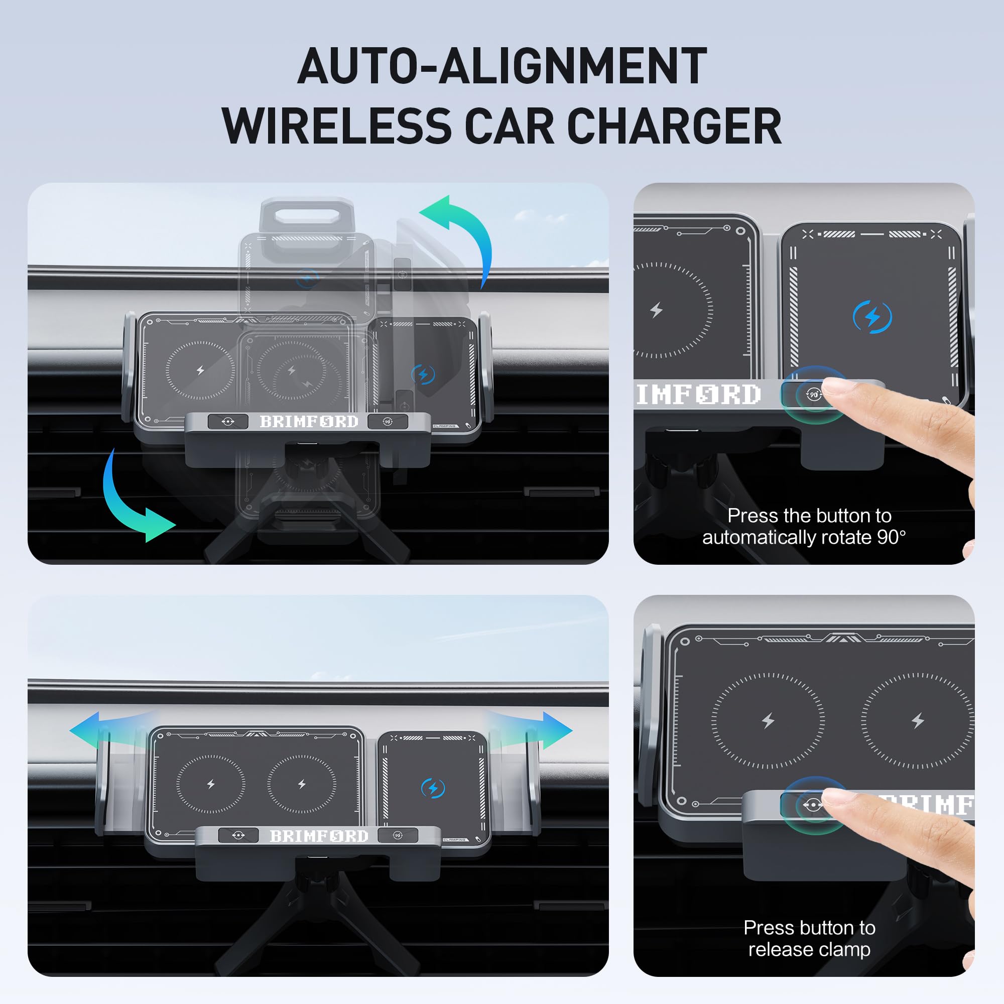 Supporto Telefono Auto Universale per Samsung Galaxy Z Fold 7/6/5/4 Z Flip 7,per iPhone, con Ricarica Wireless Veloce Qi, Rotazione 90°, Fissaggio 2in1 Bocchetta Aria/Cruscotto