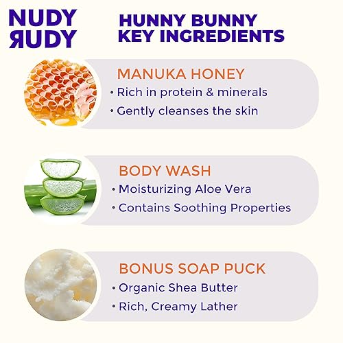 Miniatura 4 de Nudy Rudy Hunny Bunny - Paquete de 2 unidades de jabón líquido con barra de jabón adicional, aloe vera y vitamina E, gel de ducha hidratante y gel